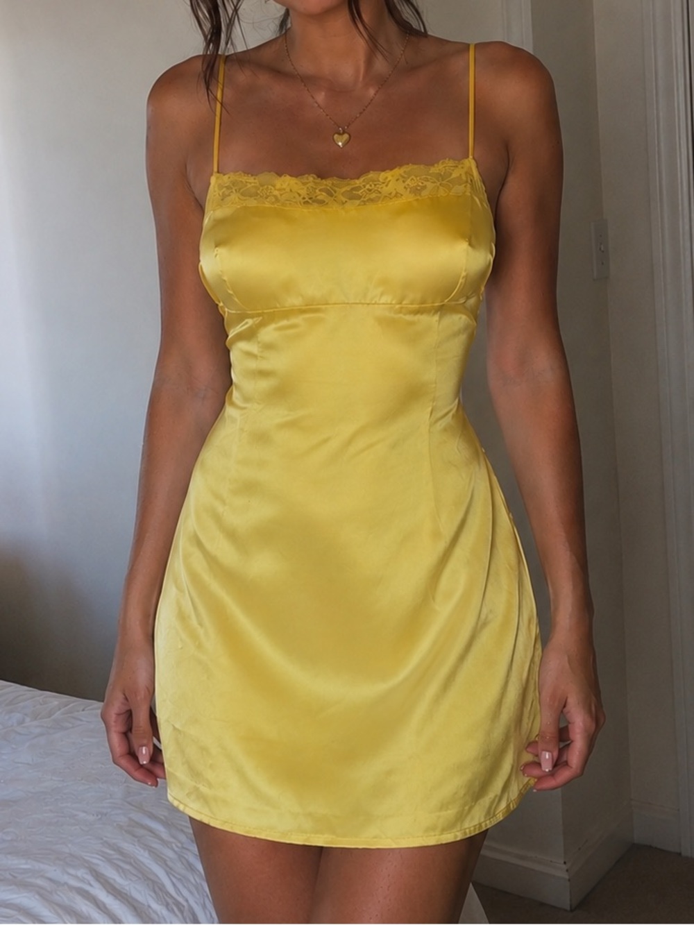 Peppermayo Yellow Satin Lace Trim Mini Dress Tie Back Size Large